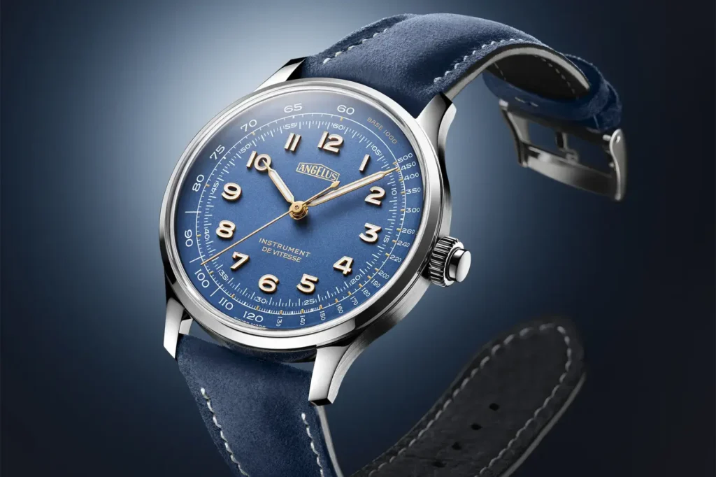 chronographe-Angelus-Instrument-Vitesse-editions-limitees-Indianapolis-Silverstone-Bleu-profil-avant