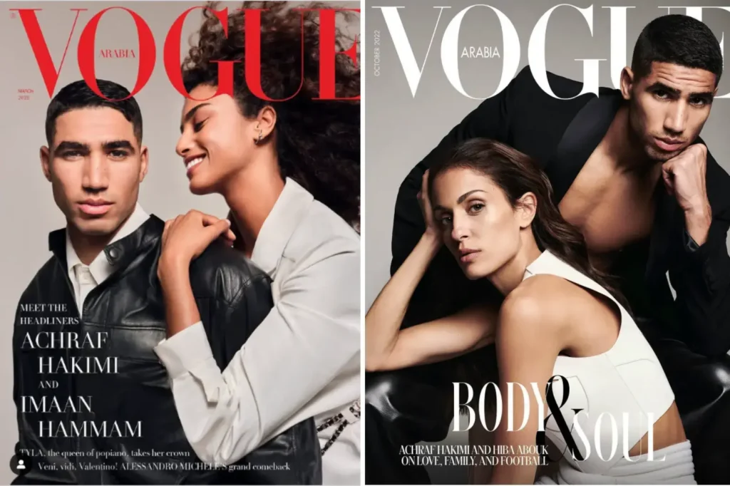 Hakimi sur les deux couvertures de Vogue, la première avec son ex-épouse Hiba Habouk en 2022 et la nouvelle couverture de mars 2025 ou Hakimi pose avec la top modèle Imaan Hammam