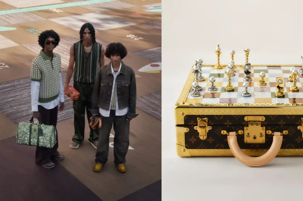 Louis-Vuitton-Pharrell-Collection-Printempt-été-2026-3 jeune et un valise LV avec un jeu de dames