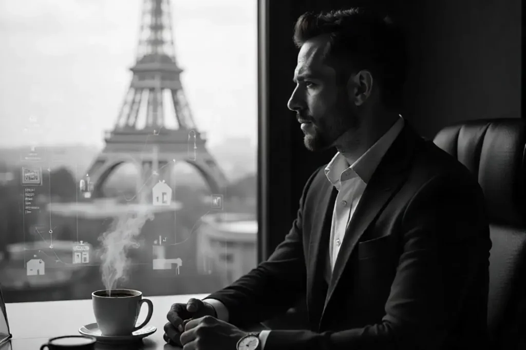 Un homme de profil en costume assis dans son bureau et la tour Eifel en arrière plan 