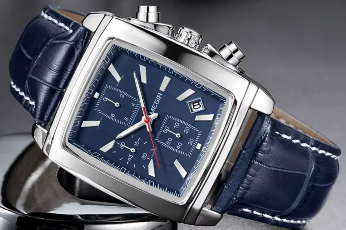Megir Rectangle Dial Leather Strap Watch for Men Casual Blue chronograph quartz watches