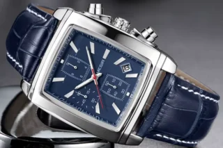 Megir Rectangle Dial Leather Strap Watch for Men Casual Blue chronograph quartz watches