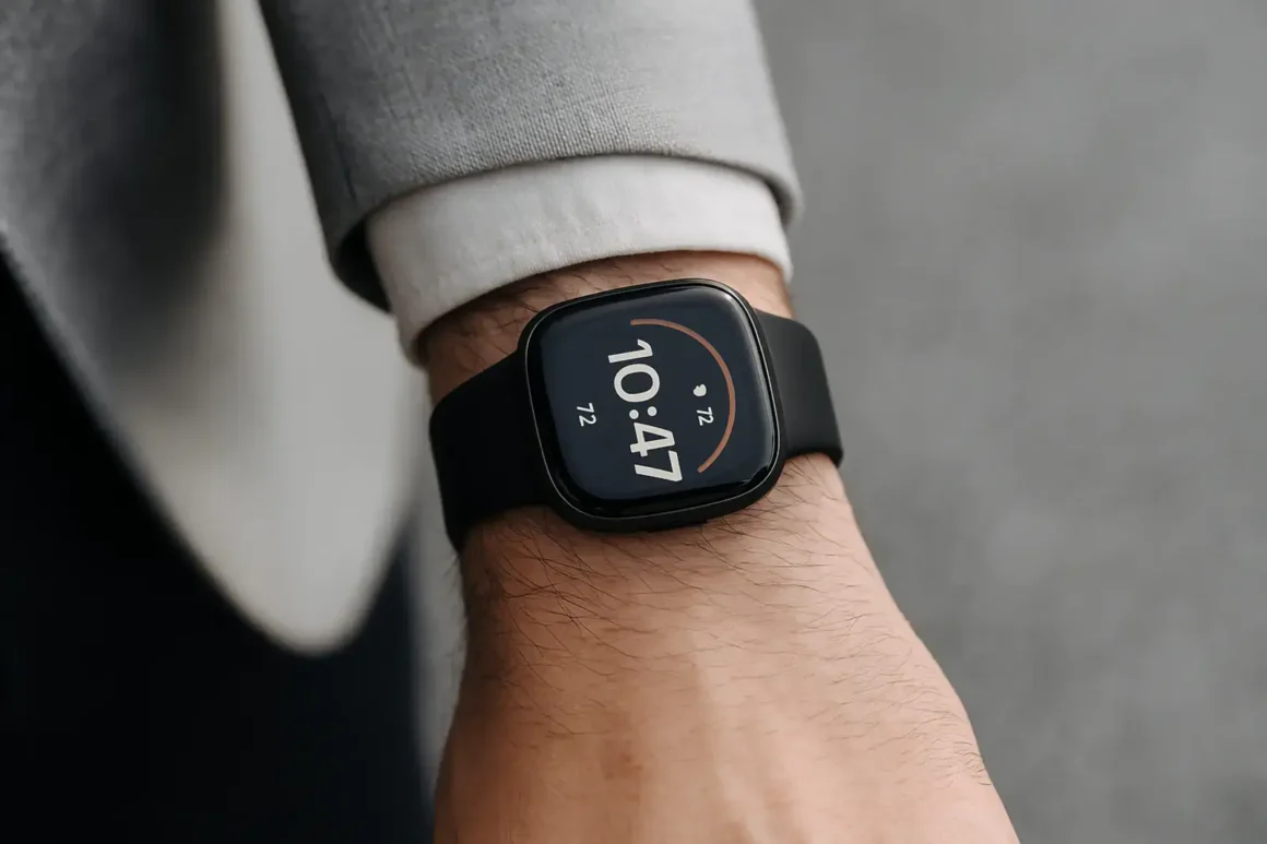 Photo macro d’un poignet masculin avec montre connectée- lumière naturelle-style minimaliste urbain