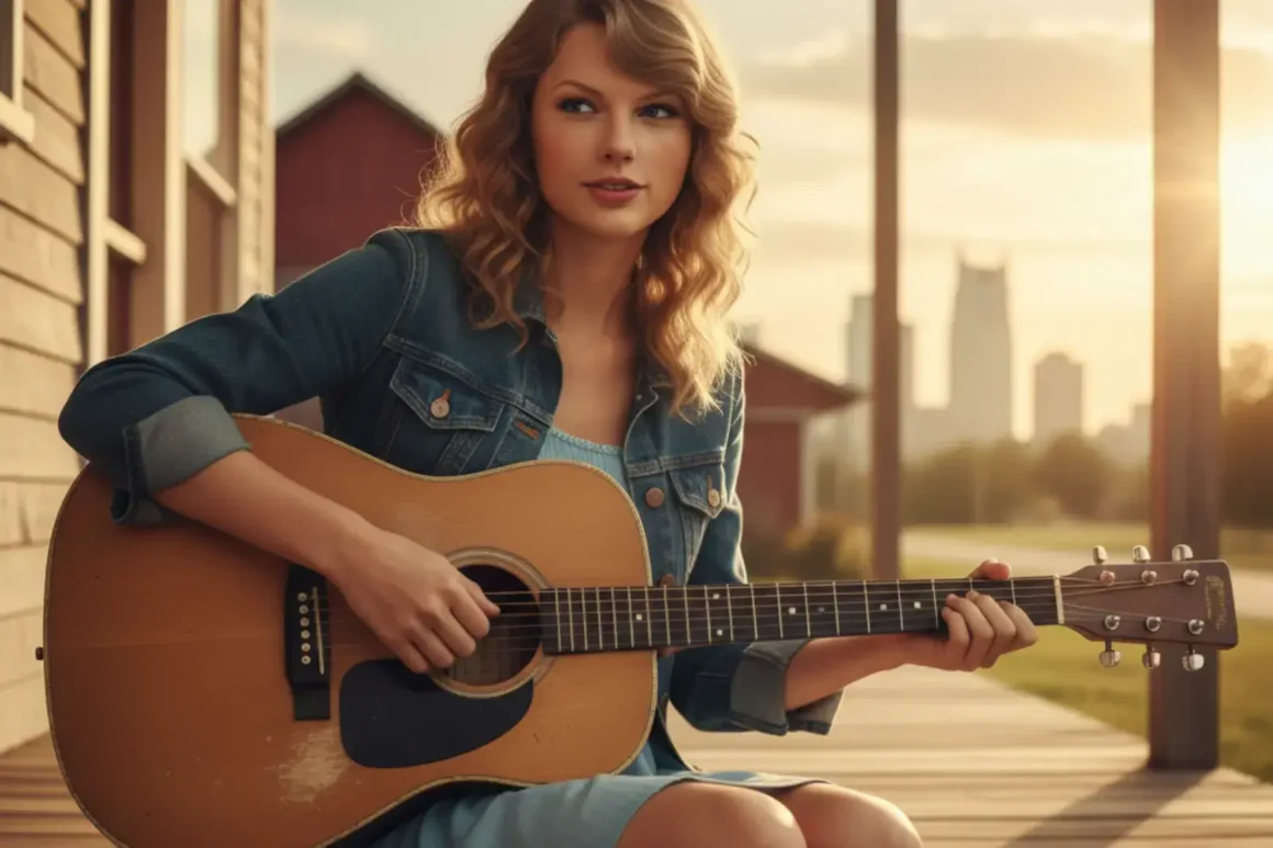 Taylor Swift joue de la guitare sur une terrasse
