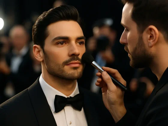 un maquilleur qui retouche le visage d'un homme avec un barbe parfaite en smoking et noeud papillon noir sur une chemise blanche