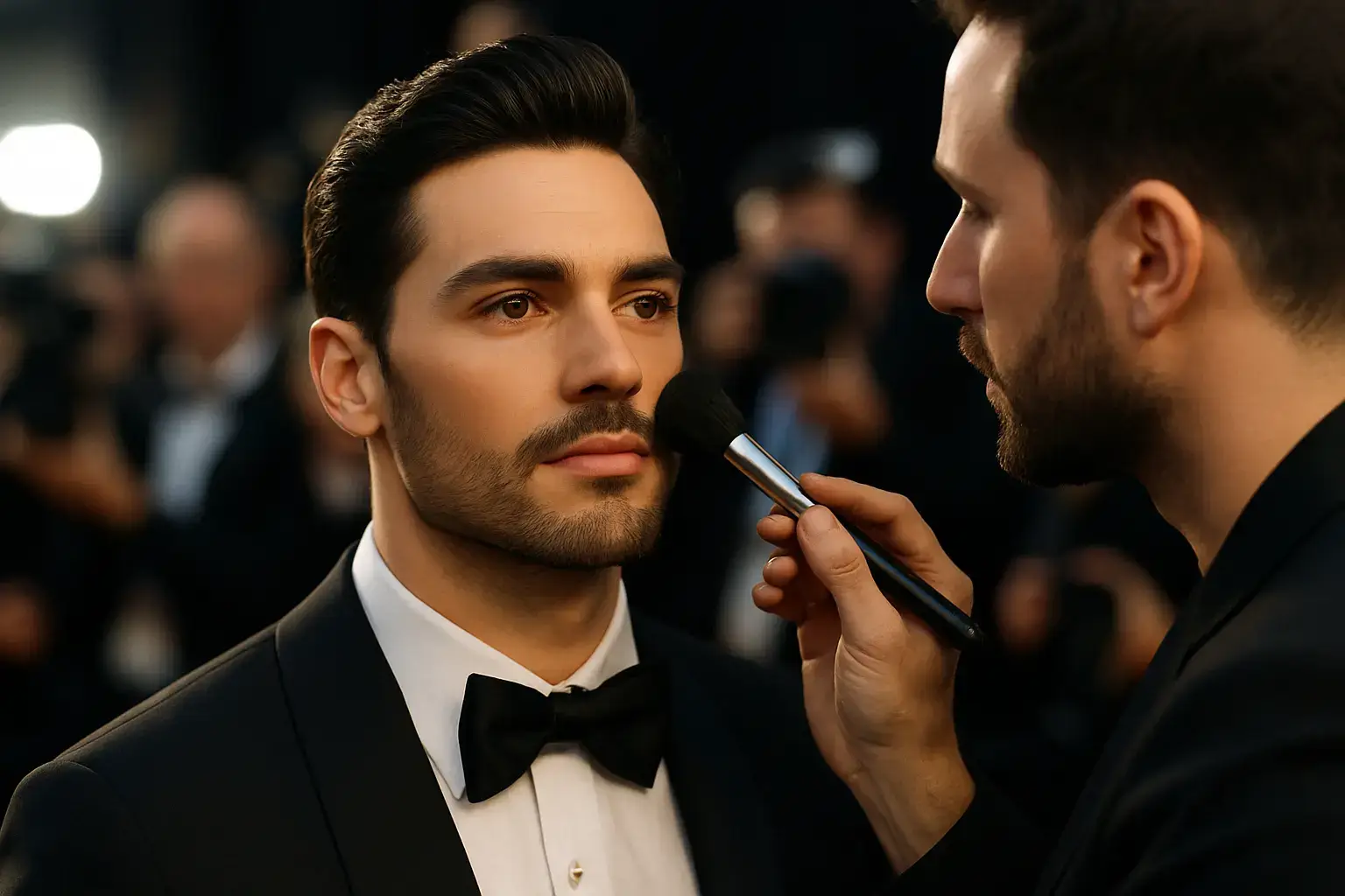 un maquilleur qui retouche le visage d'un homme avec un barbe parfaite en smoking et noeud papillon noir sur une chemise blanche
