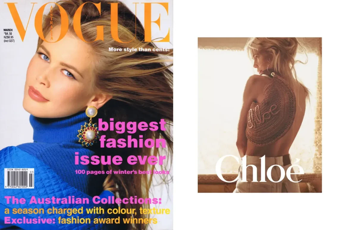 Claudia_Schiffer-Vogue-australia-cover-march-1991photographe-patrick-demarchelier--Claudia Schiffer- Chloé-High Summer 2025 pub-Ultra-Top-Model-mannequin-légendaire-femme-1990