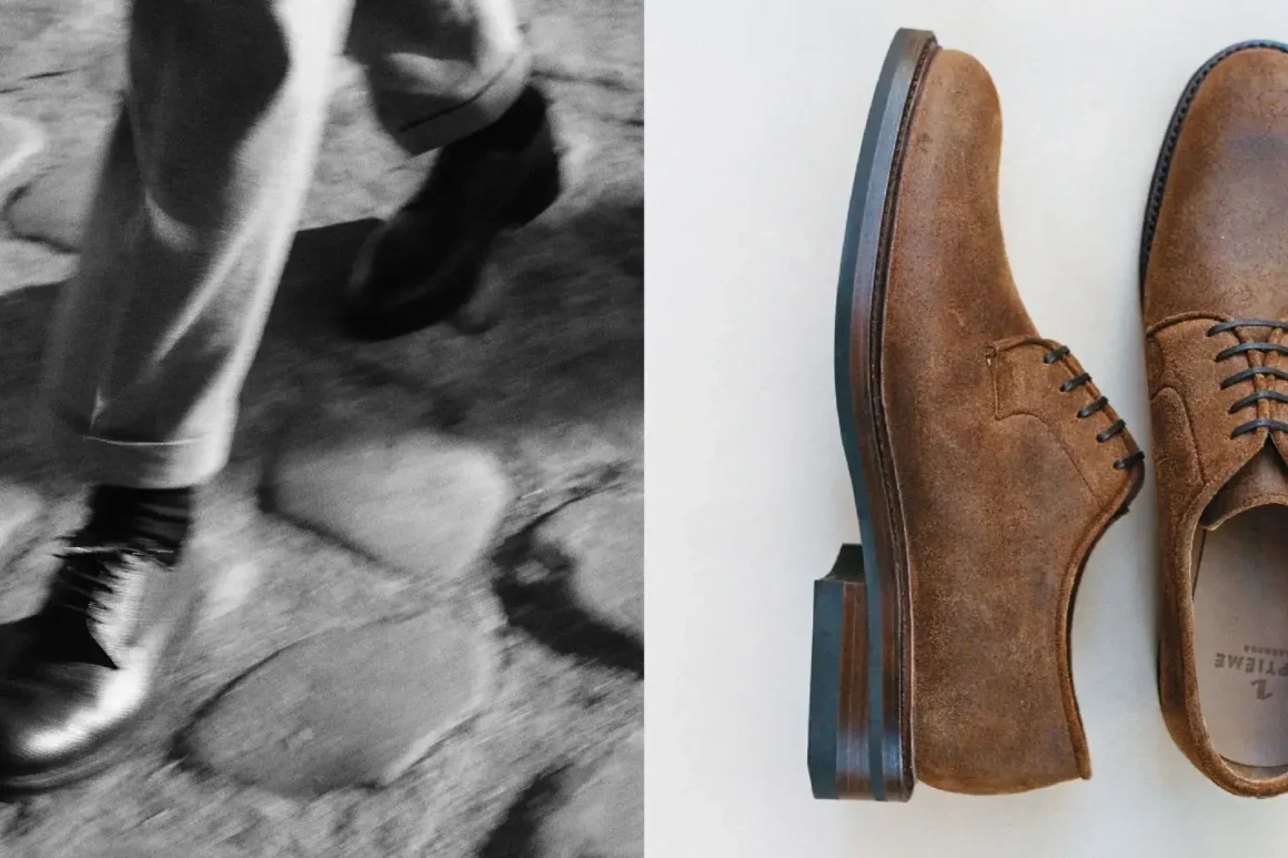 Septième Largeur-homme qui marche sur des pavé avec des chaussures made in USA sur des pavés anciens - photo noire et blanc à gauche- à droite une paire de chaussure américaine brune Septième Largeur