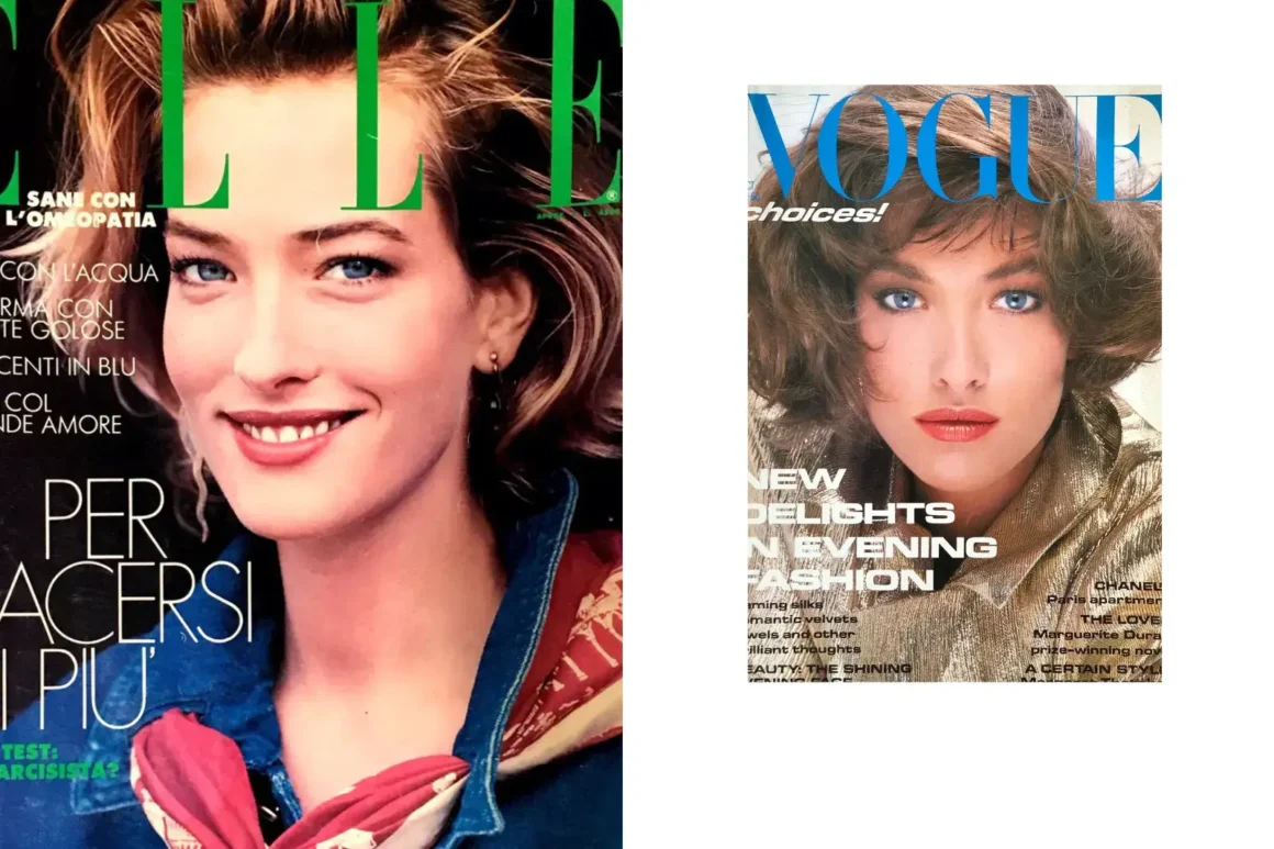 Tatjana_Patitz-ELLE Magazine Italia cover April 1989--Vogue UK Oct 1985 British Original Vintage Fashion Magazine Cover