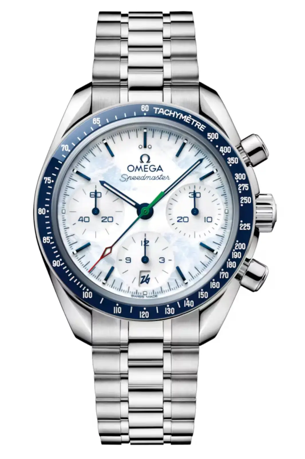 Omega lance une nouvelle Speedmaster 38 mm JO Milan-Cortina 2026-close-up.Coffret-jeux-olympic-montre-homme-argent-full-b