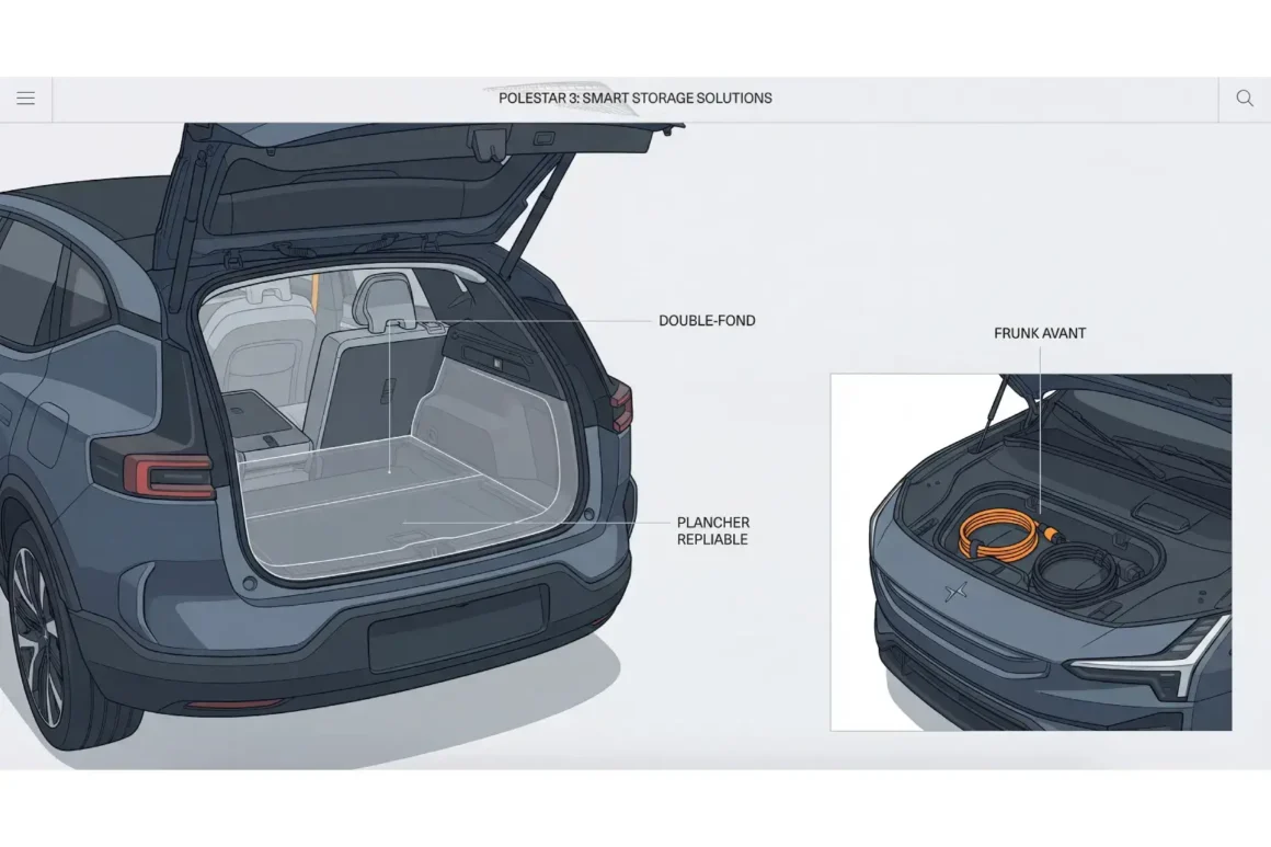 Coffre du Polestar 3 ouvert montrant l'aménagement intérieur avec double-fond et plancher repliable, câbles de recharge rangés dans le frunk avant