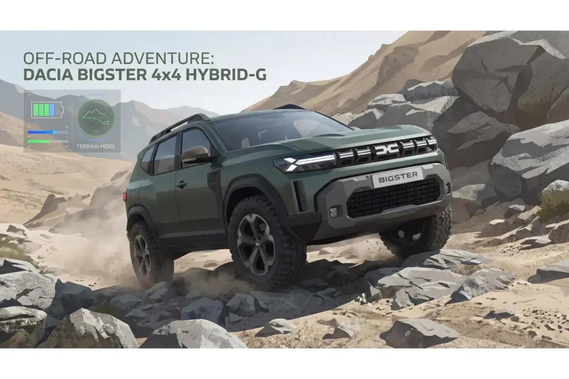 Dacia Bigster 4x4 Hybrid-G en franchissement sur piste rocailleuse