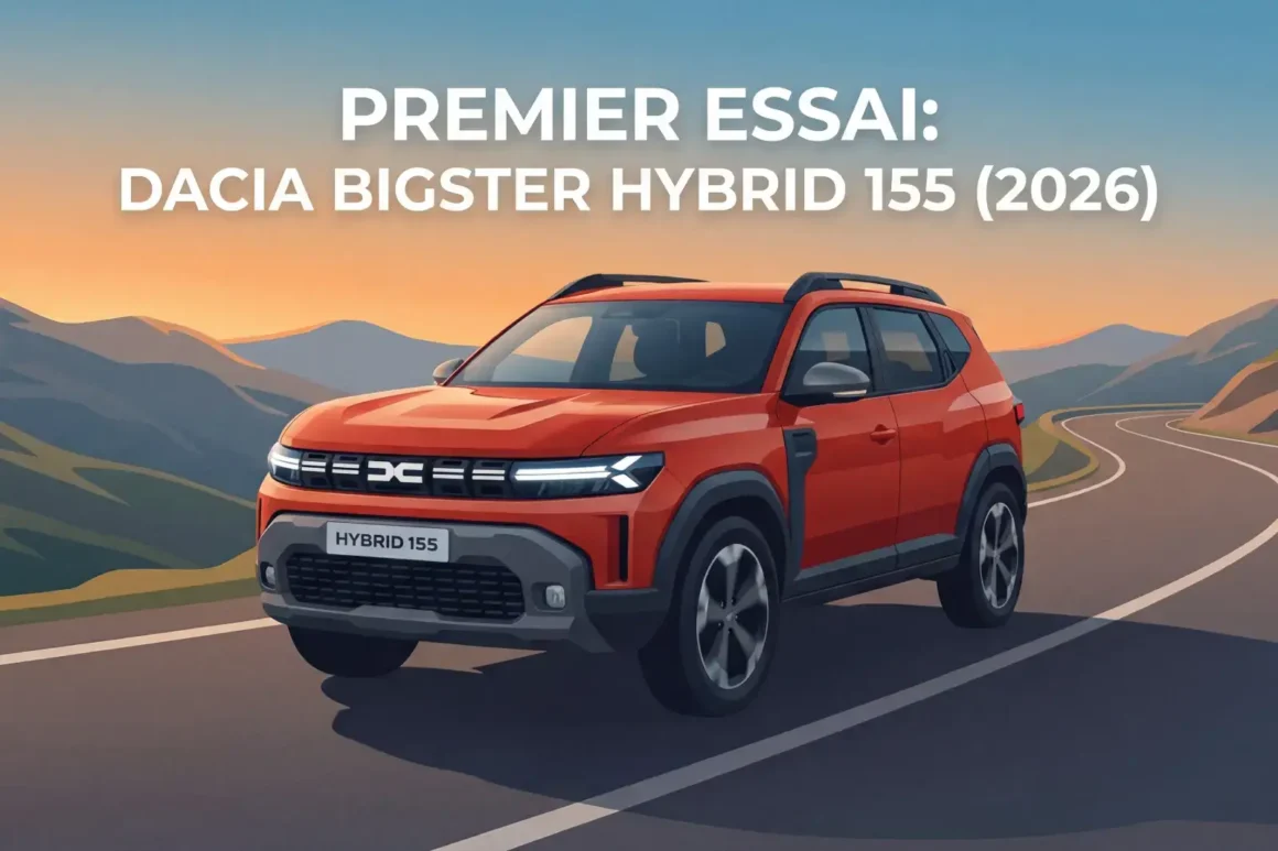 Dacia Bigster Hybrid 155 2026 en rouge sur route de montagne, vue de trois-quarts avant