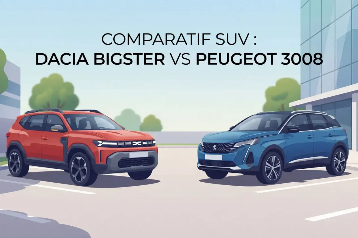 Dacia Bigster rouge garé face à un Peugeot 3008 bleu dans un parking