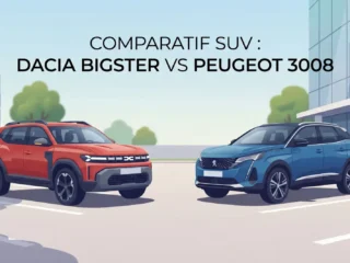 Dacia Bigster rouge garé face à un Peugeot 3008 bleu dans un parking
