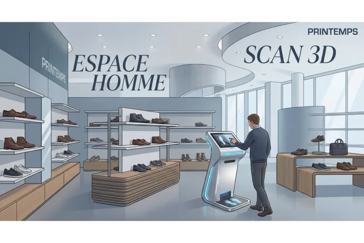 Espace moderne du rayon chaussures hommes au Printemps avec sa borne de scan 3D