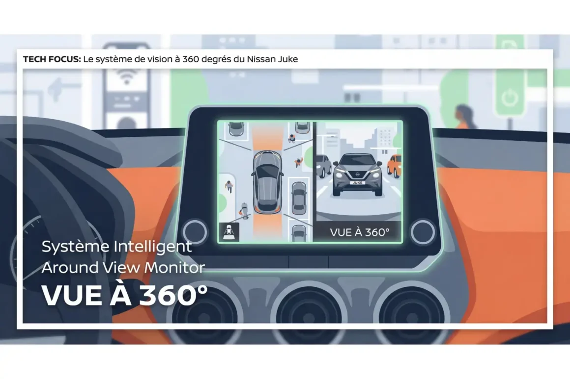 Essai Nissan Juke hybride 2026 Système Intelligent Around View Monitor du Nissan Juke affichant vue à 360 degrés sur écran central