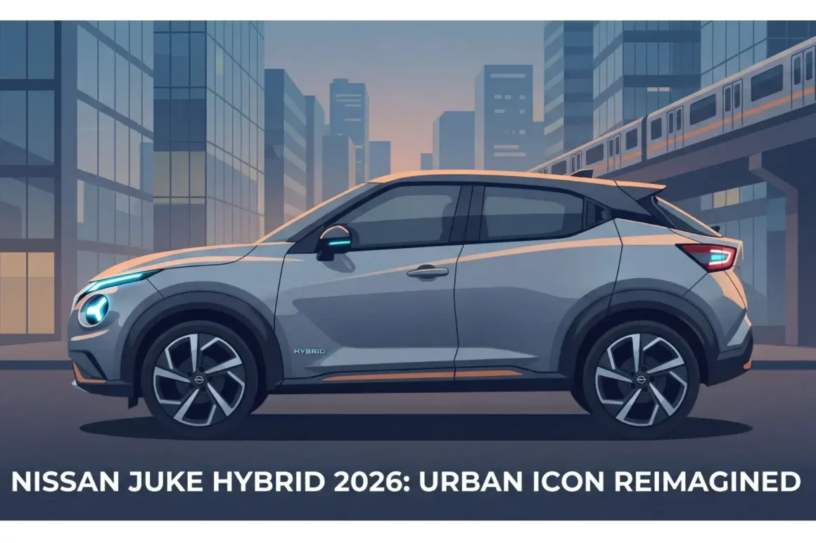 Essai Nissan Juke hybride 2026 de profil sur fond urbain, design distinctif avec phares LED caractéristiques