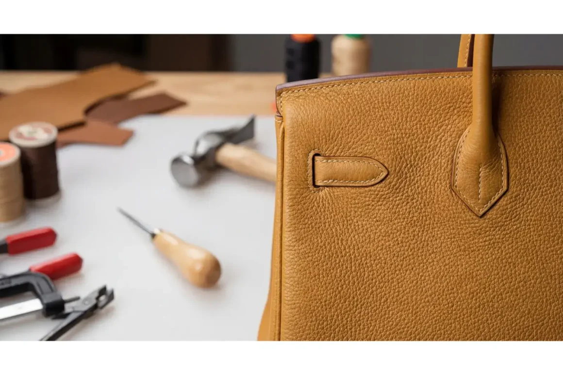 Gros plan sur les détails de couture d'un sac Hermès avec les outils d'artisan en arrière-plan
