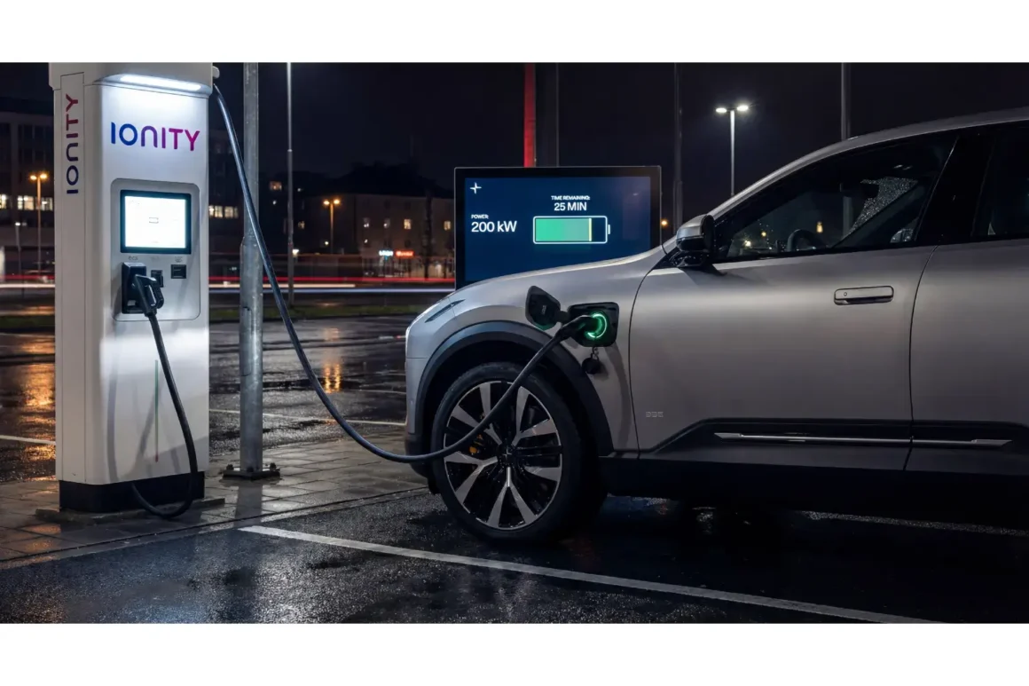 Polestar 3 en charge sur une borne rapide Ionity de nuit, câble CCS connecté, écran du véhicule affichant la puissance de charge et le temps restant