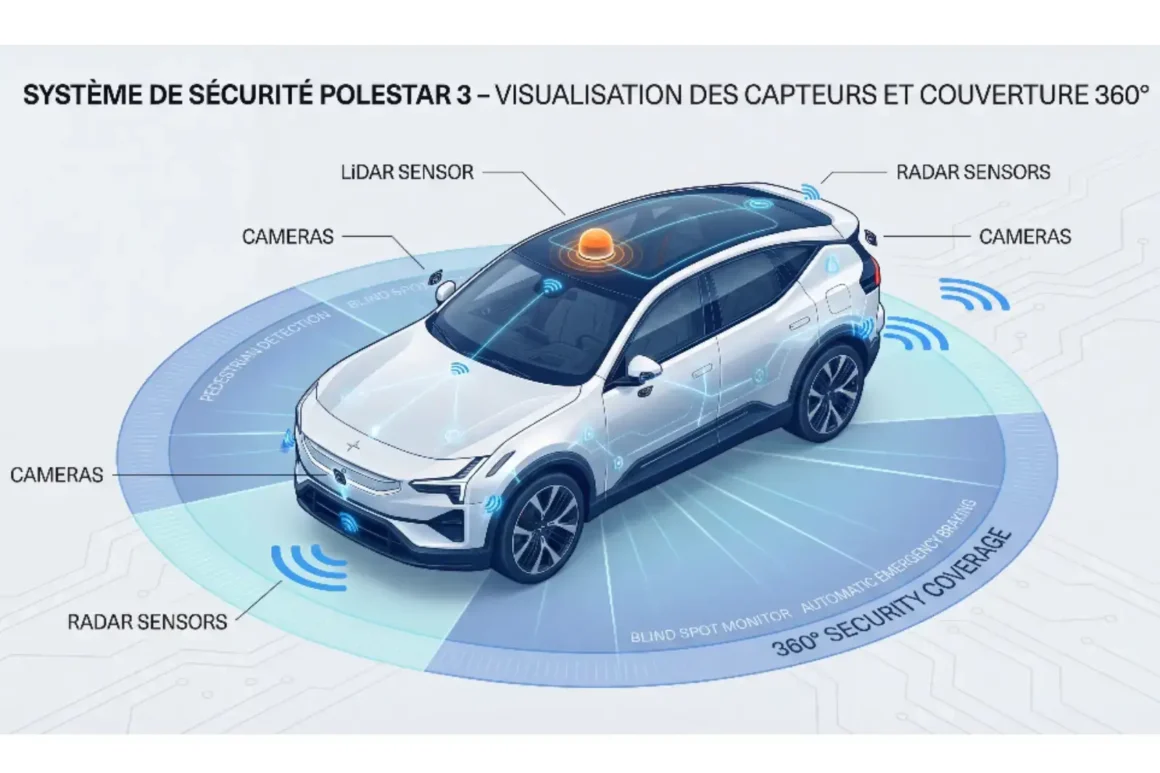 Systeme-de-securite-du-Polestar-3-avec-visualisation-des-capteurs-radar-cameras-et-LiDAR-schema-technique-montrant-la-couverture-a-360-degres-autour-du-vehicule