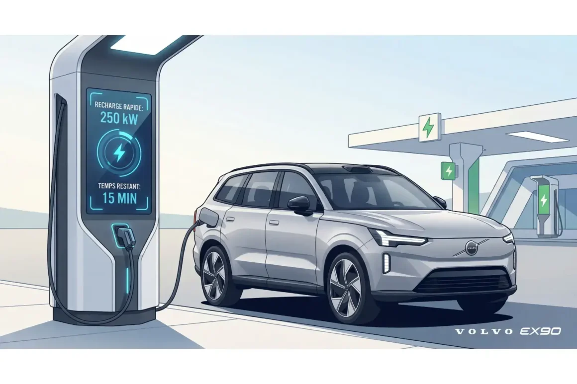 Volvo EX90 en charge rapide sur borne 250 kW avec affichage du temps de recharge sur écran